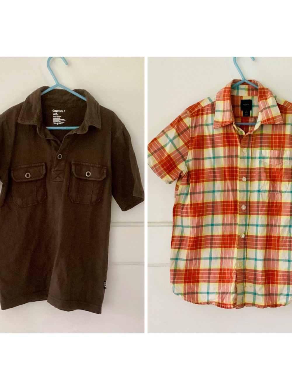 Lot Of 2 Boys GAP Kids Tops Size S 6-7 Brown Polo Plaid Shirt Short Sleeve Fall